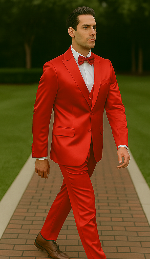 Red Satin Tuxedo Four Piece Set - Wedding - Prom - 34R Coat - 28 Waist