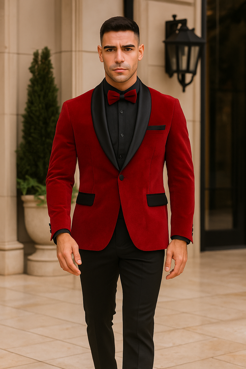 Red Velvet Tuxedo Jacket Slim Fit with Shawl Lapel - Wedding - Prom 2026