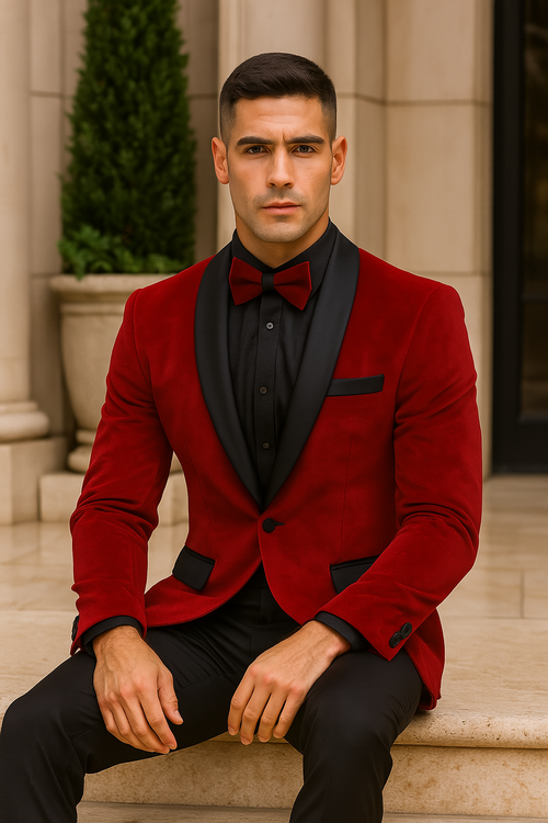 Red Velvet Tuxedo Jacket Slim Fit with Shawl Lapel - Wedding - Prom 2026