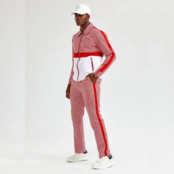 Walking Suit - Mens Houndstooth 2pc Red Tracksuit - XS