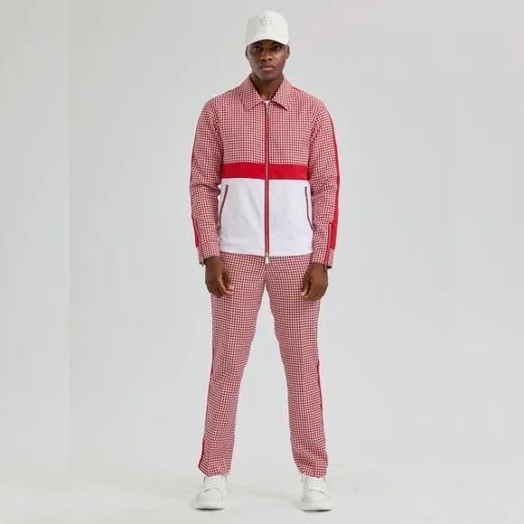 Walking Suit - Mens Houndstooth 2pc Red Tracksuit - XS