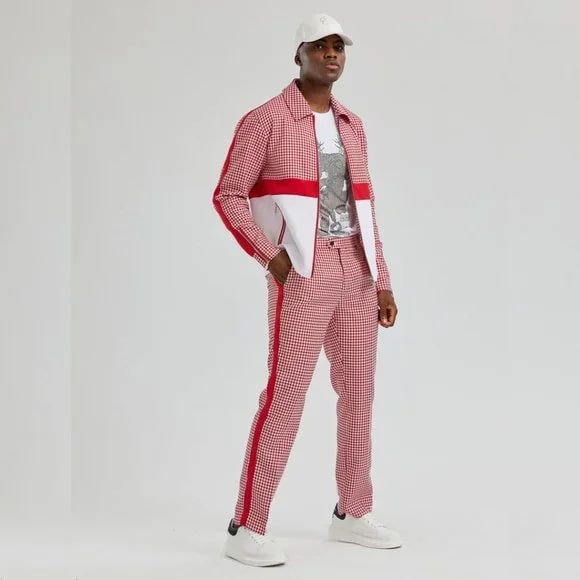 Walking Suit - Mens Houndstooth 2pc Red Tracksuit - XS