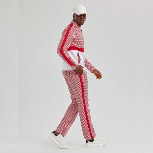 Walking Suit - Mens Houndstooth 2pc Red Tracksuit - XS