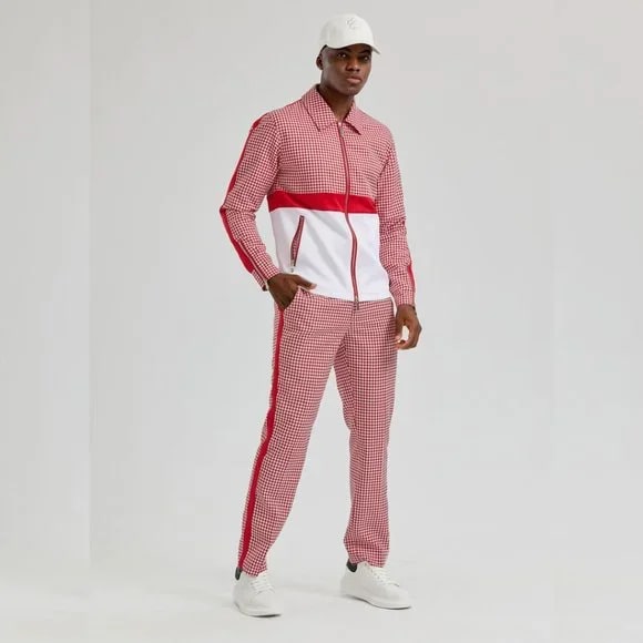 Walking Suit - Mens Houndstooth 2pc Red Tracksuit - XS