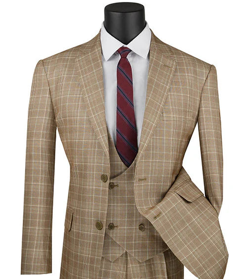 Regular Fit Camel Glen Plaid Three-Piece Suit - 38 Short - 32 Waist