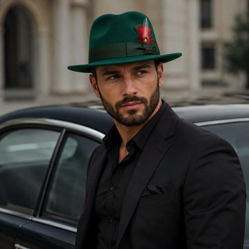 Gangster 100% Australian Wool Crushable Mens Fedora Hat - Removable Feather Gangster Hunter Green Mens Fedora Hat