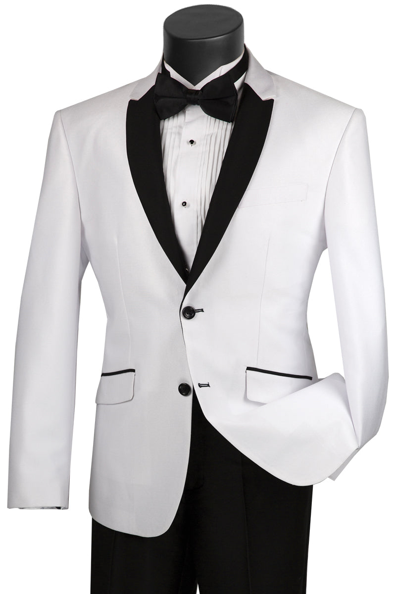 Mens 2 Buttton Slim Contrast Peak Lapel Tuxedo in White - 40 Short