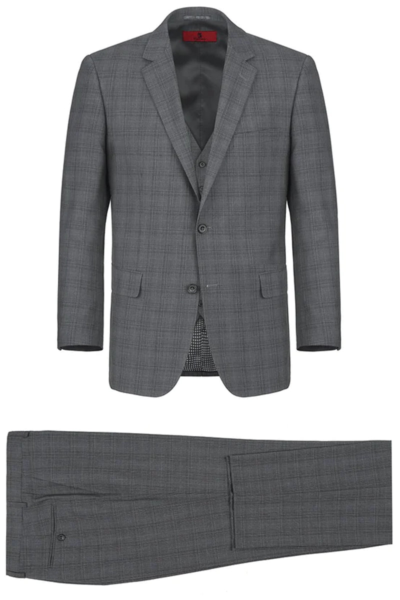 "Charcoal Grey Windowpane Plaid Men's Classic Fit Vested Suit - Two Button" - 34 Short