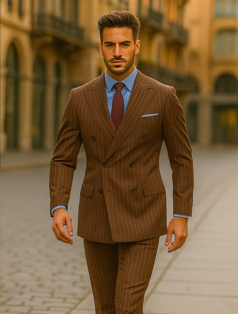 Rockefeller Collection - Double Breasted Stripe Suit Brown Regular Fit 2 Piece - Brown