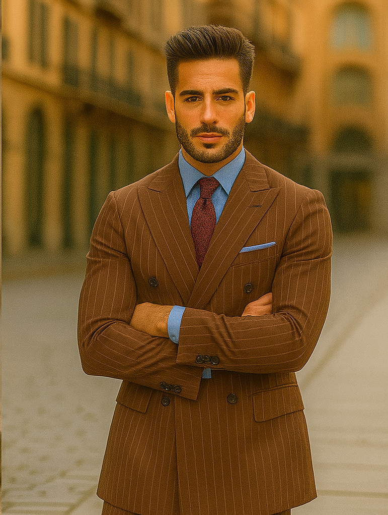 Rockefeller Collection - Double Breasted Stripe Suit Brown Regular Fit 2 Piece - Brown