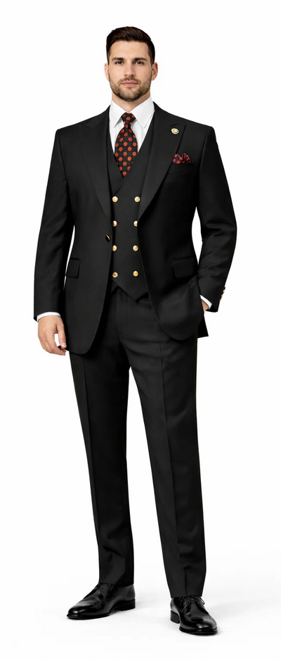 Rossiman Black Suit for Men Classic 1-Button Peak Lapel Jacket & Double-Breasted Vest