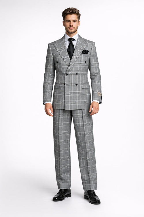 Suits With Baggy Pleated Pants - Wide Leg Pants 100% Wool - Classic Fit in Black and White Plaid Color by Rossiman