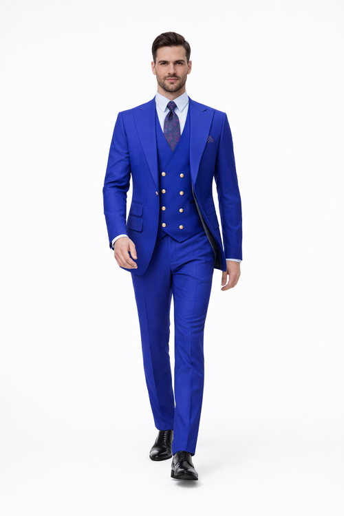 Rossiman Royal Blue Suit for Men Classic 1-Button Peak Lapel Jacket & Double-Breasted Vest