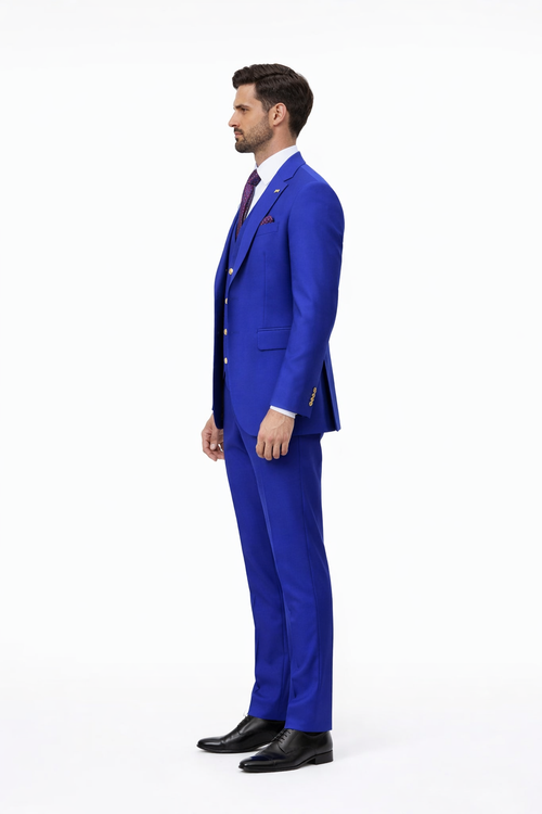 Rossiman Royal Blue Suit for Men Classic 1-Button Peak Lapel Jacket & Double-Breasted Vest