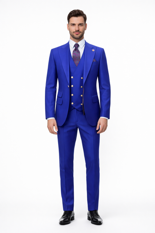 Rossiman Royal Blue Suit for Men Classic 1-Button Peak Lapel Jacket & Double-Breasted Vest