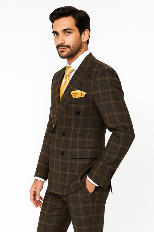 Rossiman Classic Wool Suit Brown Windowpane Plaid Double-Breasted Formalwear - New Arrival