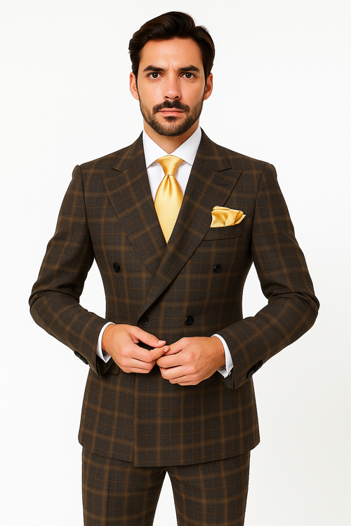Rossiman Classic Wool Suit Brown Windowpane Plaid Double-Breasted Formalwear - New Arrival