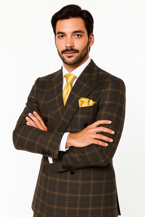 Rossiman Classic Wool Suit Brown Windowpane Plaid Double-Breasted Formalwear - New Arrival