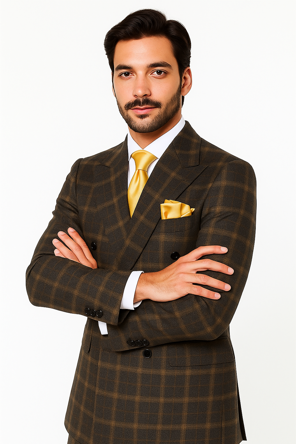 Rossiman Classic Wool Suit – Brown Windowpane Plaid Double-Breasted Formalwear - New Arrival - 34 Short or Extra Small