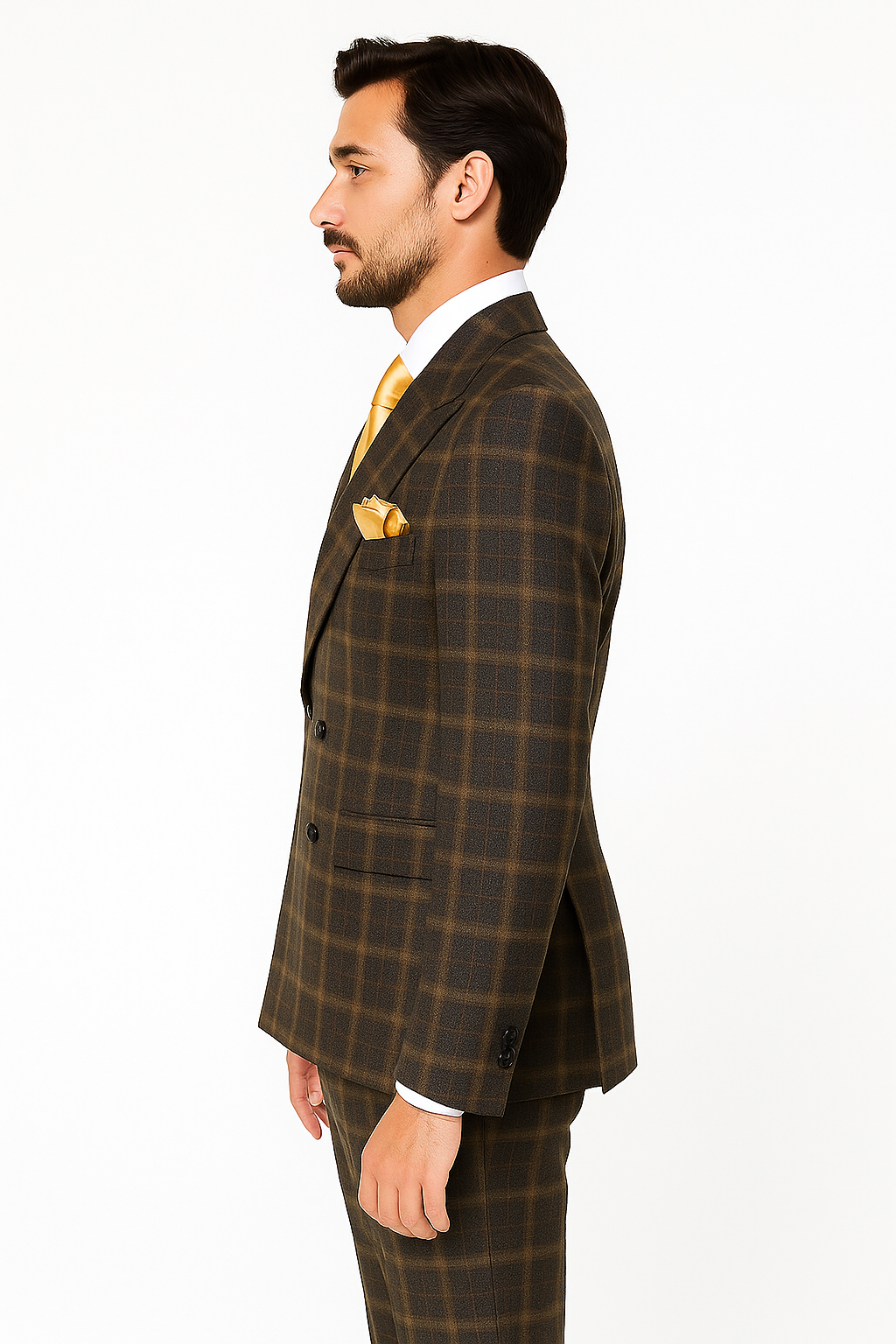 Rossiman Classic Wool Suit – Brown Windowpane Plaid Double-Breasted Formalwear - New Arrival - 34 Short or Extra Small