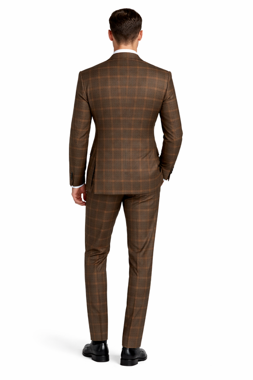 Rossiman Classic Wool Suit Brown Windowpane Plaid Double-Breasted Formalwear-New Designer Collection