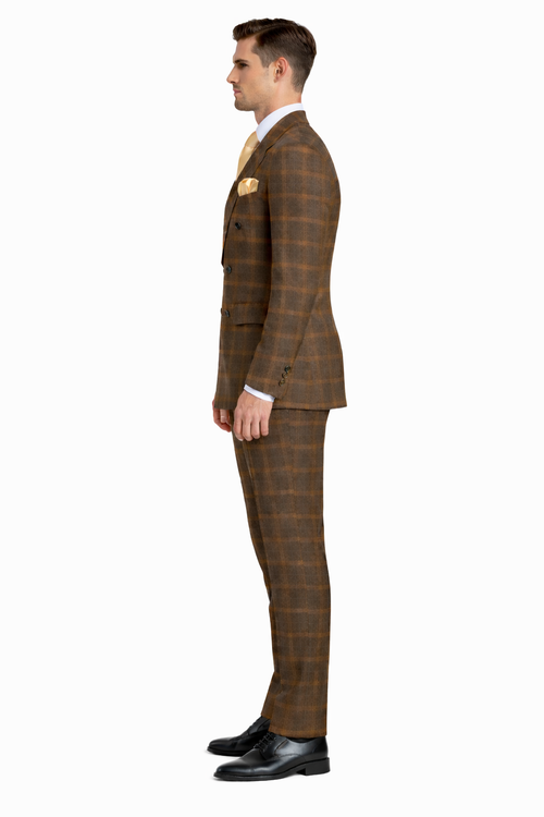 Rossiman Classic Wool Suit Brown Windowpane Plaid Double-Breasted Formalwear-New Designer Collection
