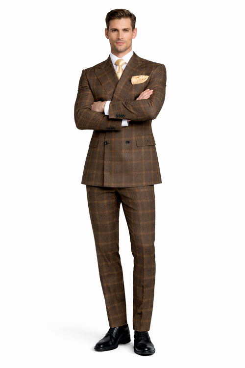 Rossiman Classic Wool Suit Brown Windowpane Plaid Double-Breasted Formalwear-New Designer Collection