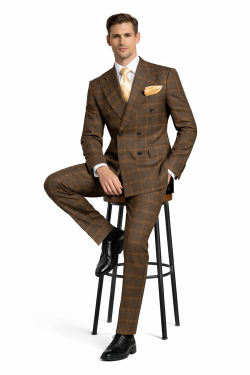 Rossiman Classic Wool Suit Brown Windowpane Plaid Double-Breasted Formalwear-New Designer Collection