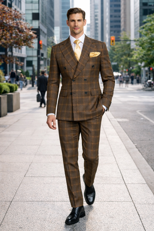Rossiman Classic Wool Suit Brown Windowpane Plaid Double-Breasted Formalwear-New Designer Collection