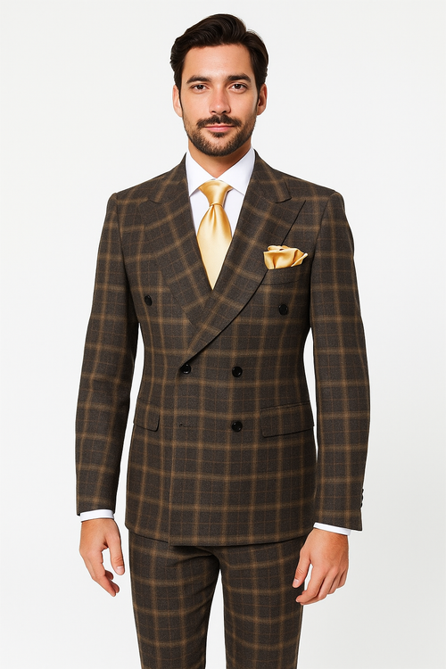 Rossiman Classic Wool Suit Brown Windowpane Plaid Double-Breasted Formalwear - New Arrival