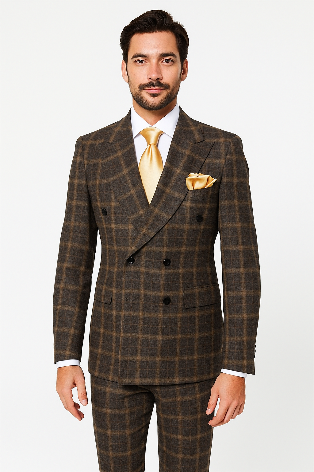 Rossiman Classic Wool Suit – Brown Windowpane Plaid Double-Breasted Formalwear - New Arrival - 34 Short or Extra Small