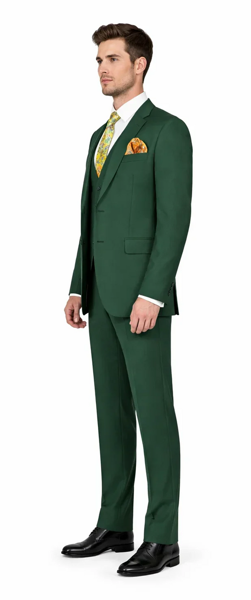 Rossiman Hunter Green Slim Fit Men's Suit 3-Piece Vested Set with Flat Front Trousers