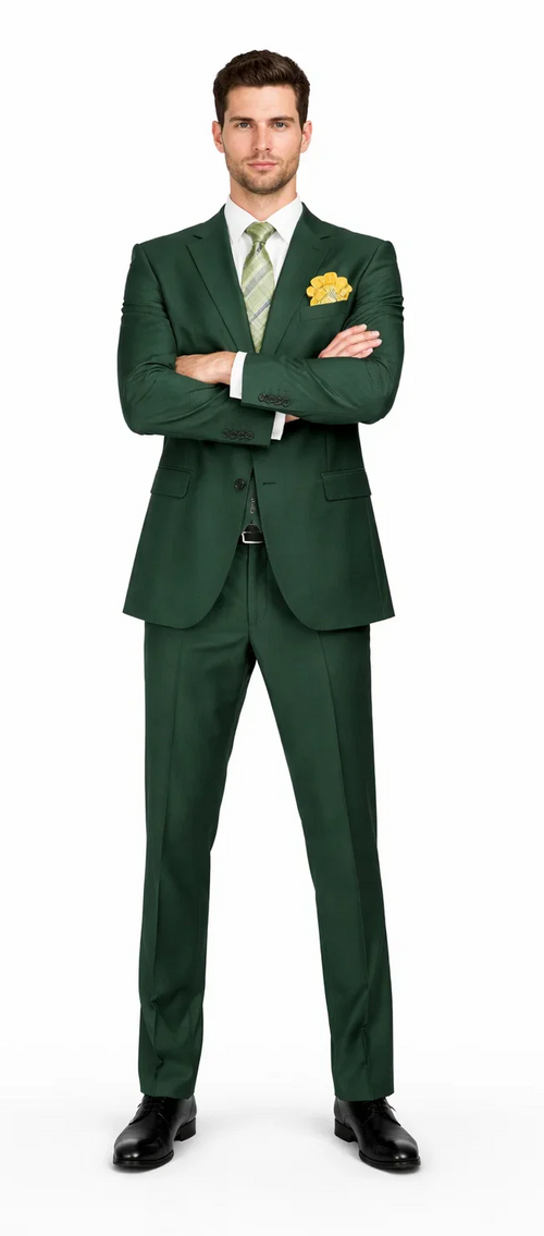 Rossiman Hunter Green Slim Fit Men's Suit 3-Piece Vested Set with Flat Front Trousers