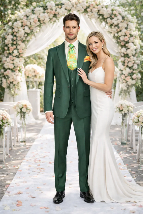 Rossiman Hunter Green Slim Fit Men's Suit 3-Piece Vested Set with Flat Front Trousers