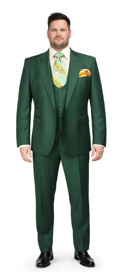 Rossiman Hunter Green Slim Fit Men's Suit 3-Piece Vested Set with Flat Front Trousers