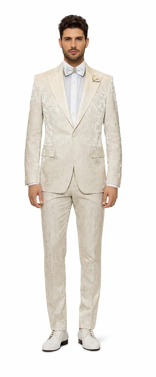 Mens Champaign Ivory Jacquard Paisley Tuxedo Suit with Satin Shawl Lapel – Elegant Wedding and Prom Outfit By Rossiman