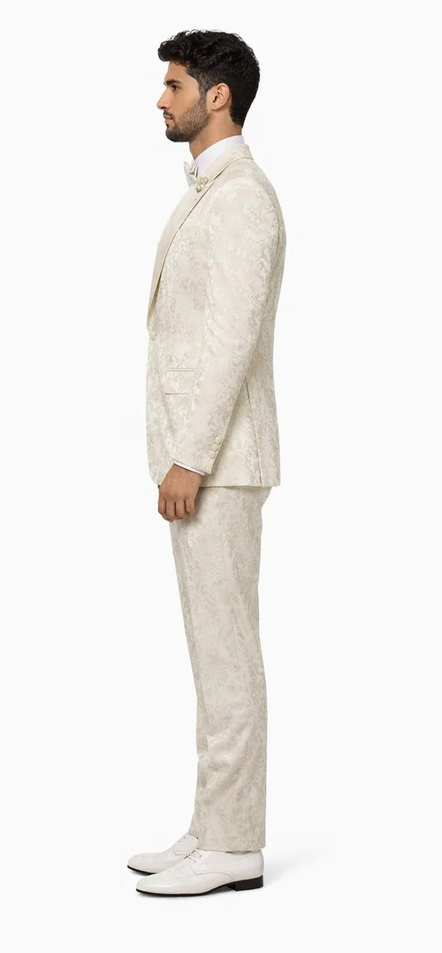 Mens Champaign Ivory Jacquard Paisley Tuxedo Suit with Satin Shawl Lapel – Elegant Wedding and Prom Outfit By Rossiman