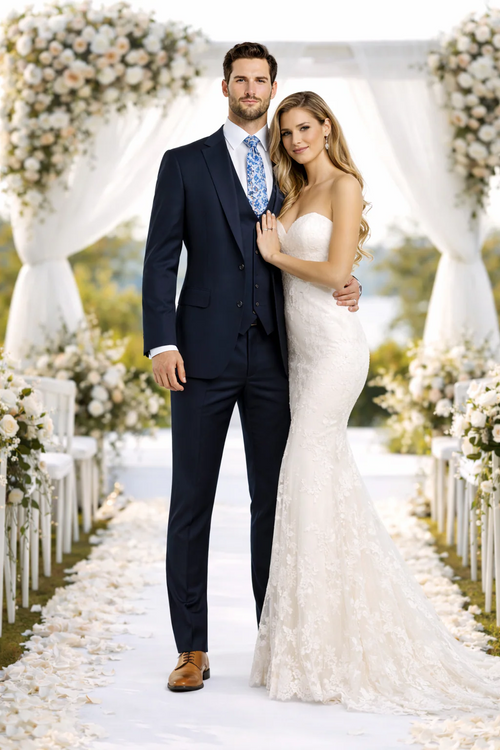 Rossiman Mens Formal Blue Suit Slim Fit Design with Vest and Trousers