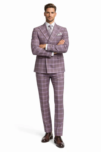 Rossiman Plaid Suit – Gray & Lavender Textured Windowpane Double-Breasted Suit