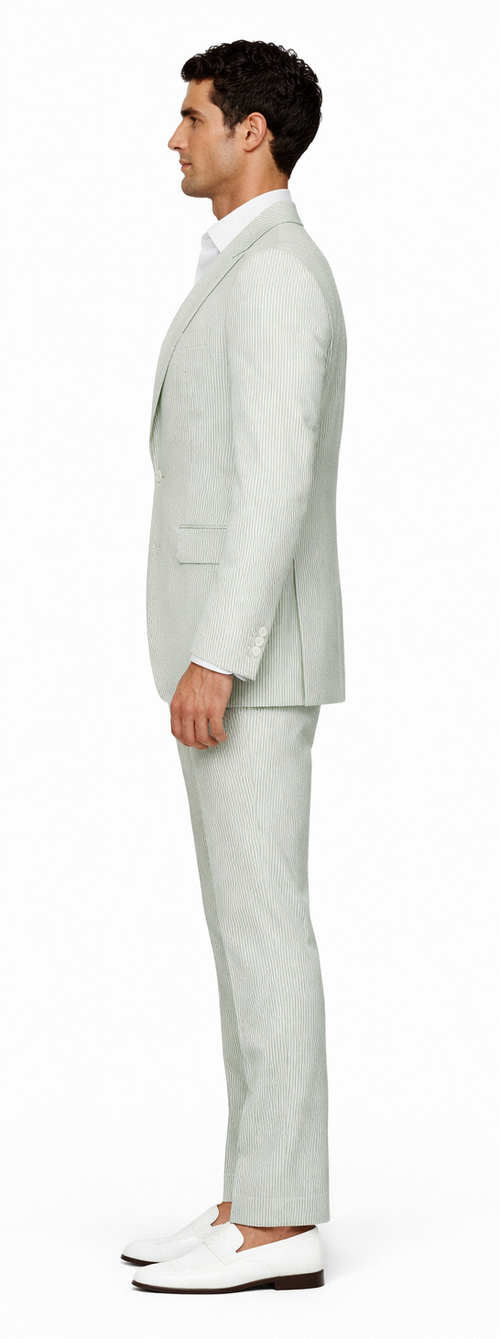 Seersucker Suit Peak Lapel Suit in Color "Light Green" - Summer Fabric Tone on Tone Shadow Stripe By Rossiman