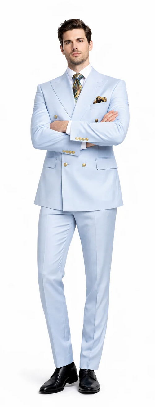 Rossiman Mens Light Blue Slim Fit Suit Elegant Double-Breasted Design