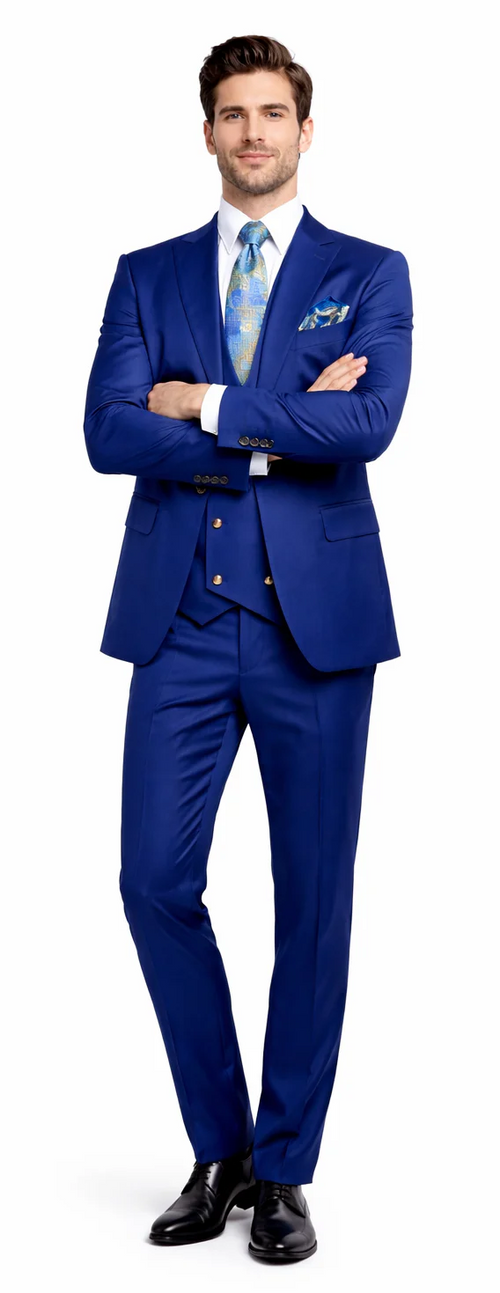 Rossiman Mens Royal Blue Slim Fit Suit Sophisticated Double-Breasted Design