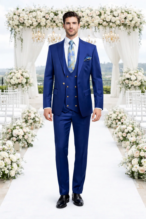 Rossiman Mens Royal Blue Slim Fit Suit Sophisticated Double-Breasted Design
