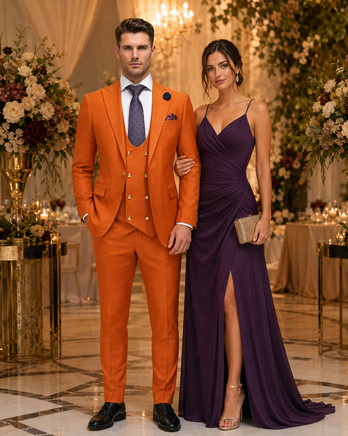 Rossiman Men's Rust Slim Fit Suit 3-Piece Set with Double-Breasted Vest & Flat Front Pants - New Arrival