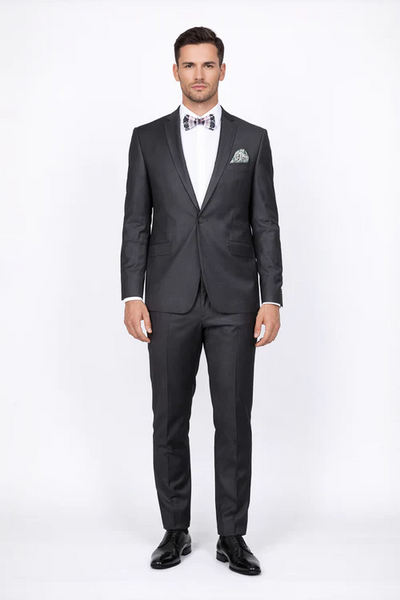 Rossiman Men's Slim Fit Gray Wool Suit 1-Button Peak Lapel Jacket & Tapered Low-Rise Pants