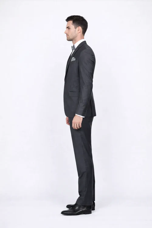 Rossiman Men's Slim Fit Gray Wool Suit 1-Button Peak Lapel Jacket & Tapered Low-Rise Pants