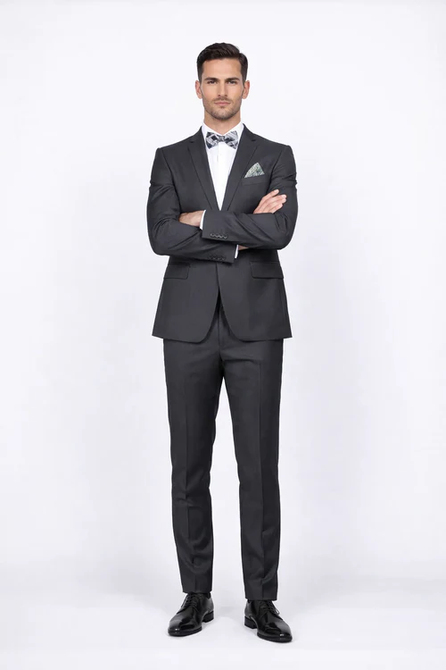 Rossiman Men's Slim Fit Gray Wool Suit 1-Button Peak Lapel Jacket & Tapered Low-Rise Pants