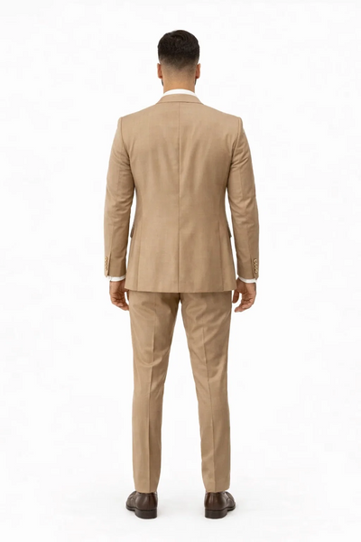 Rossiman Mens Tan Suit Gold Buttons and Double-Breasted Vest Elegance
