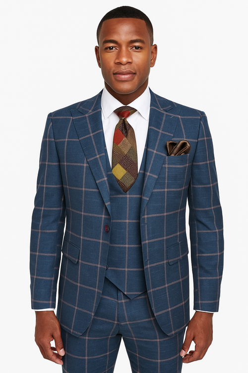 Rossiman Mens Navy & Gray Plaid Suit - Classic Windowpane Double-Breasted Design