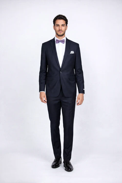 Rossiman Rossi Navy Blue Slim Fit Suit Peak Lapel Tailored Formalwear for Men